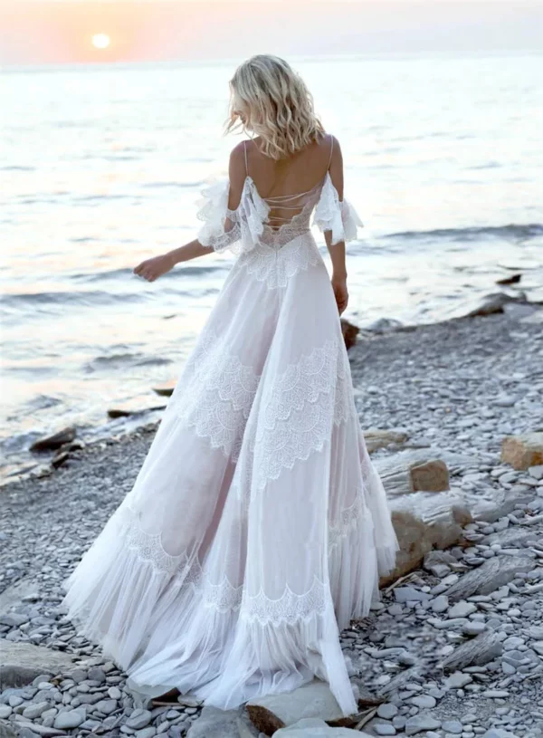 Bohemian Wedding Dresses Tempting Nude Champagne V Neck Chic Sleeves Straps Ruffles Lace A Line Backless Bridal Gowns - Image 3