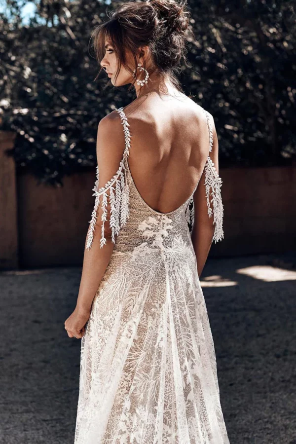 New Style Boho Lace Wedding Dresses V-neck Spaghetti Straps Long Gowns A-line Sweep Train Vestido De Novia Elegante lace-up back - Image 4