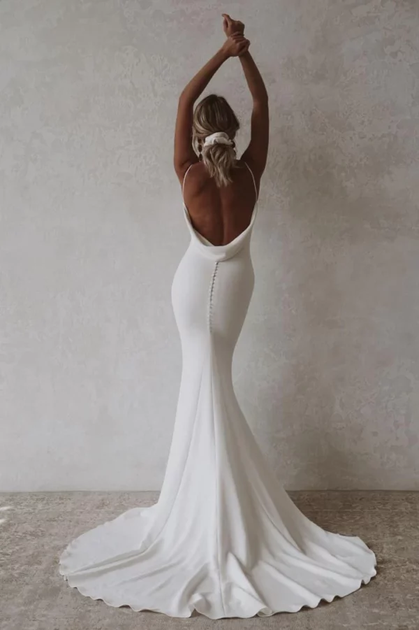 Classic White Spaghetti Straps V-Neck Jersey Buttons Wedding Dresses Formal Sleeveless Floor Length Straight Sweep Train Pleats - Image 8