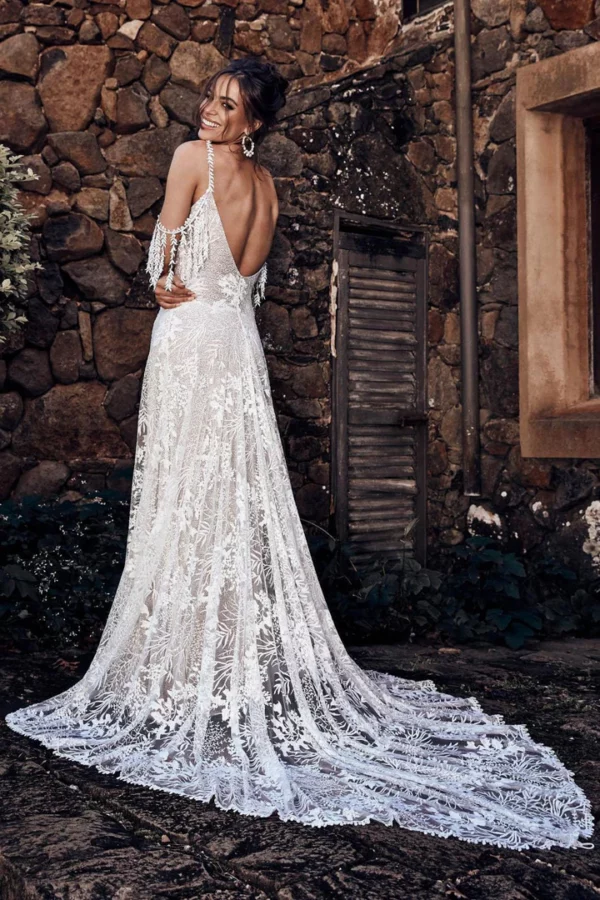 New Style Boho Lace Wedding Dresses V-neck Spaghetti Straps Long Gowns A-line Sweep Train Vestido De Novia Elegante lace-up back - Image 3