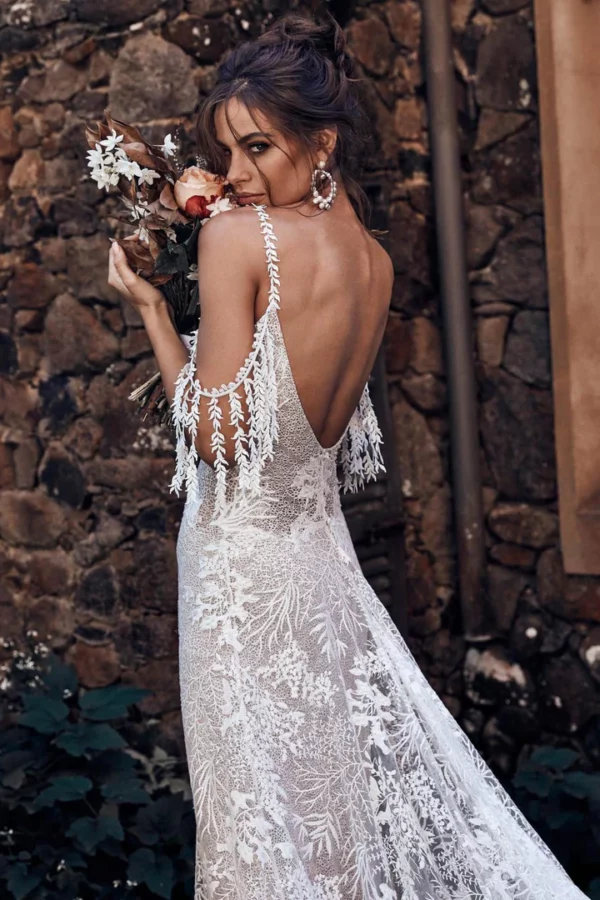 New Style Boho Lace Wedding Dresses V-neck Spaghetti Straps Long Gowns A-line Sweep Train Vestido De Novia Elegante lace-up back - Image 5