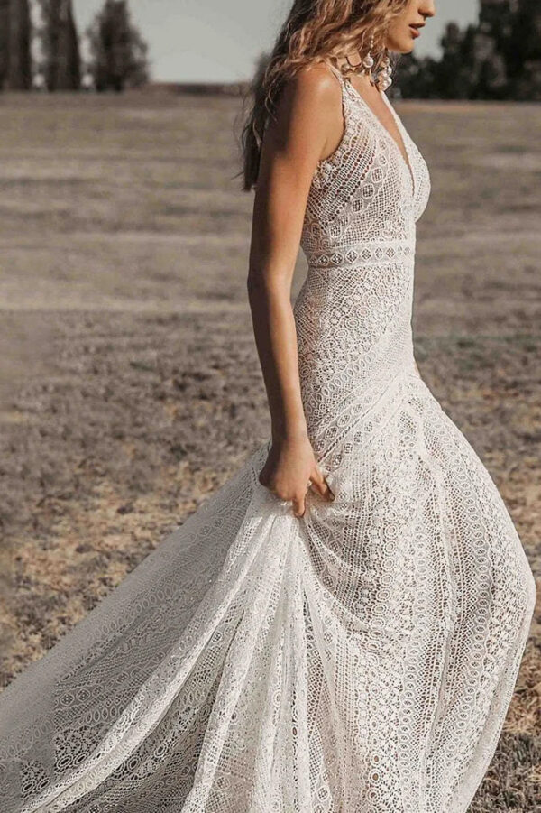 Deep V Neck Lace Boho Mermaid Wedding Bridal Dress Customized 2023 Backless Garden Beach Photography Bride Gowns with Train - Image 5