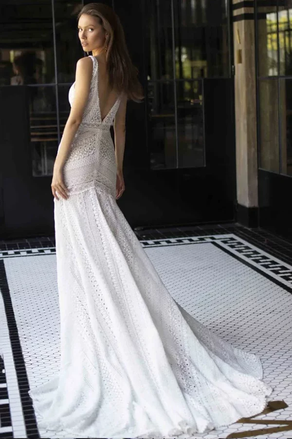 Deep V Neck Lace Boho Mermaid Wedding Bridal Dress Customized 2023 Backless Garden Beach Photography Bride Gowns with Train - Image 3