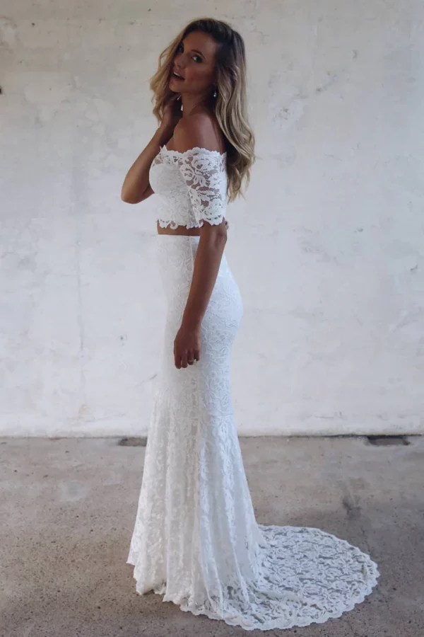 Off Shoulder Lace Wedding Separates Dress Two Pieces Customized Short Sleeves Crop Top Mermaid Beach Boho Garden Bridal Gowns - Image 2