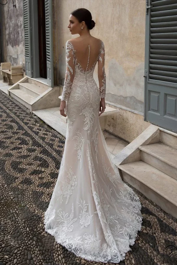 Sexy Mermaid Wedding Dress Customized Illuion Applique Long Sleeves V Neck Court Train Lace Bridal Gown Abiti Da Sposa - Image 2