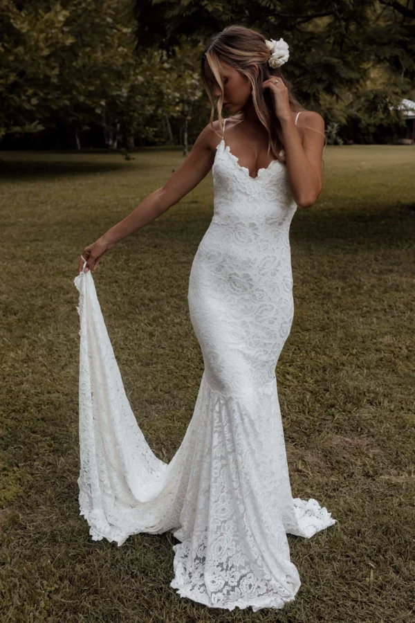 JIERUIZE White Lace Detachable Train Mermaid Wedding Dresses Spaghetti Straps Backless Beach Wedding Gowns robe de mariage - Image 2