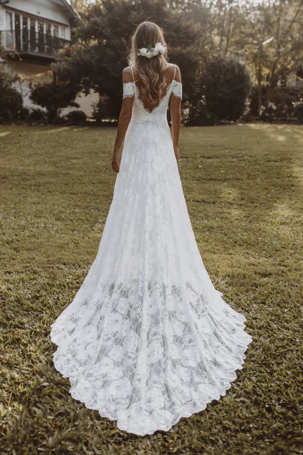 Customized Bohemian Drop Off Shoulder Bridal Gown Backless Spaghetti Straps A Line Front Slit Romantic Lace Wedding Dress - Image 3