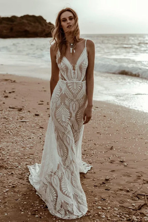 Lakshmigown Plunging V Bohemian Mermaid Wedding dress Lace Champagne Bridal Gown Vintage Backless Spaghetti Straps Customized - Image 2