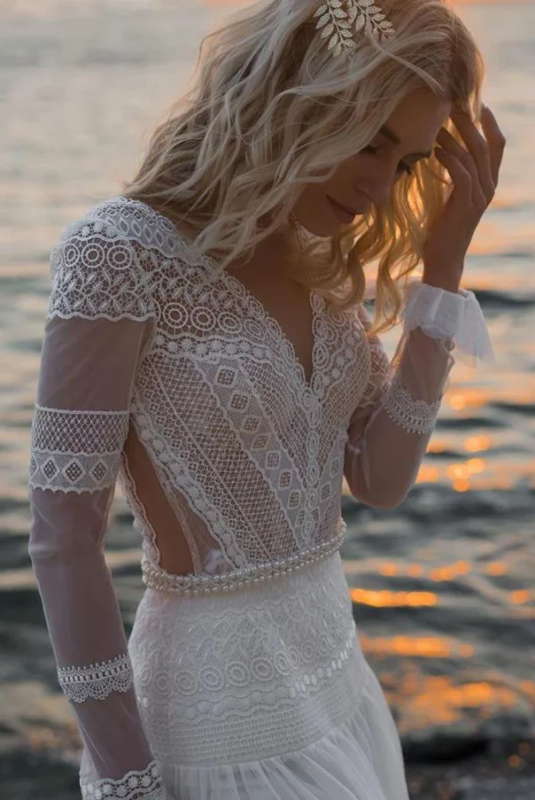 LORIE Beach Bohemian Wedding Dresses V Neck Long Sleeves Lace Appliques Dream Bridal Gowns Boho A Line Princess Gowns Customized - Image 3