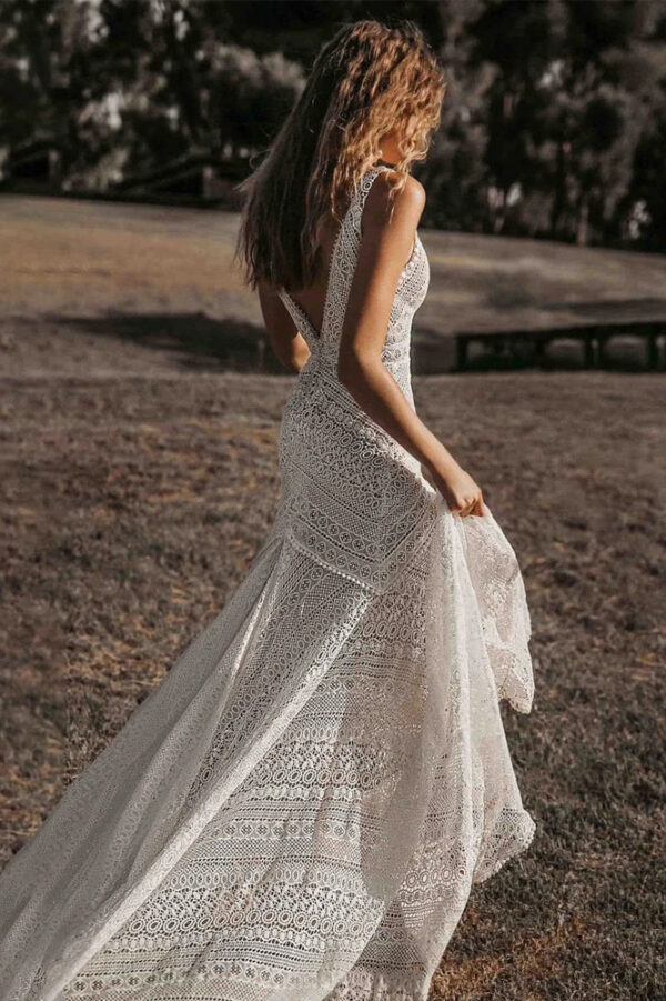 Deep V Neck Lace Boho Mermaid Wedding Bridal Dress Customized 2023 Backless Garden Beach Photography Bride Gowns with Train - Image 7