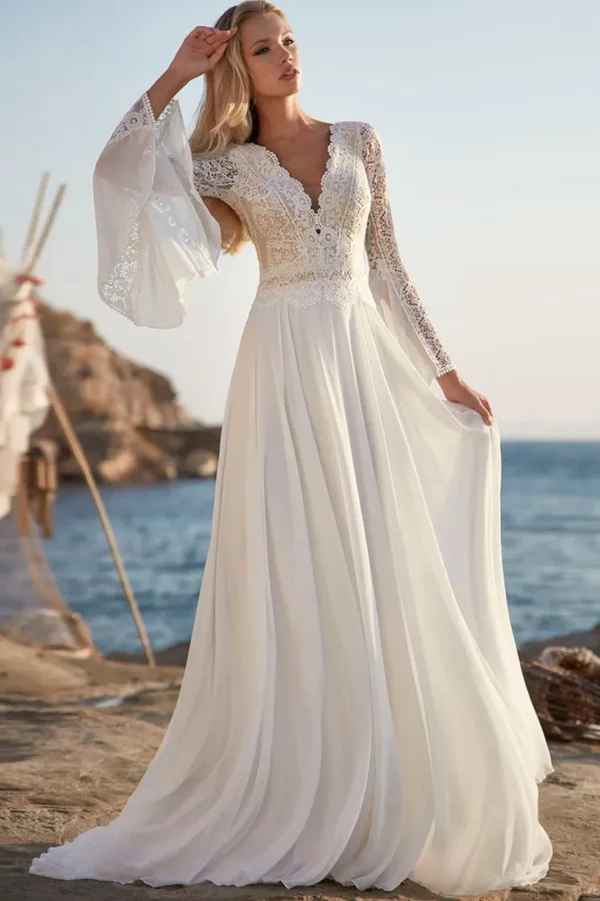 Customized Bohemian A Line Chiffon Wedding Dresses 2025 V Neck Elegant Long Sleeve Lace Applique Backless For Women  Bridal Gown - Image 3