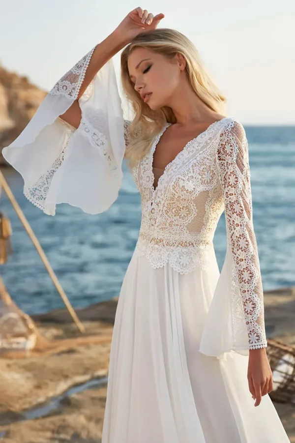 Customized Bohemian A Line Chiffon Wedding Dresses 2025 V Neck Elegant Long Sleeve Lace Applique Backless For Women  Bridal Gown - Image 2