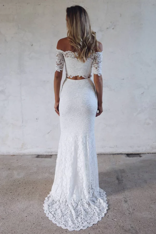 Off Shoulder Lace Wedding Separates Dress Two Pieces Customized Short Sleeves Crop Top Mermaid Beach Boho Garden Bridal Gowns - Image 3