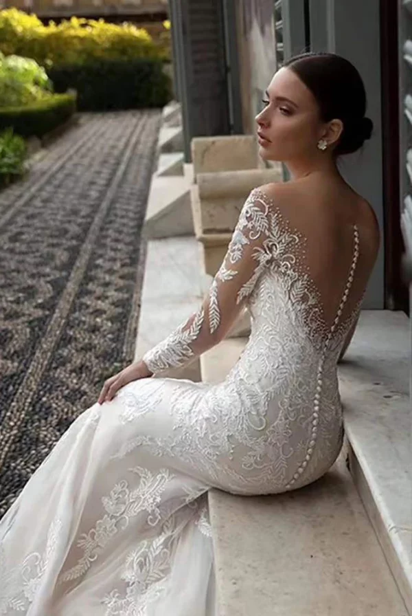 Sexy Mermaid Wedding Dress Customized Illuion Applique Long Sleeves V Neck Court Train Lace Bridal Gown Abiti Da Sposa - Image 3