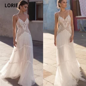 LORIE Bohemia Wedding Dresses Lace 2020 V-neck Spaghetti Straps Sleeveless Soft Tulle Beach Bridal Gown Vintage Marriage Gowns