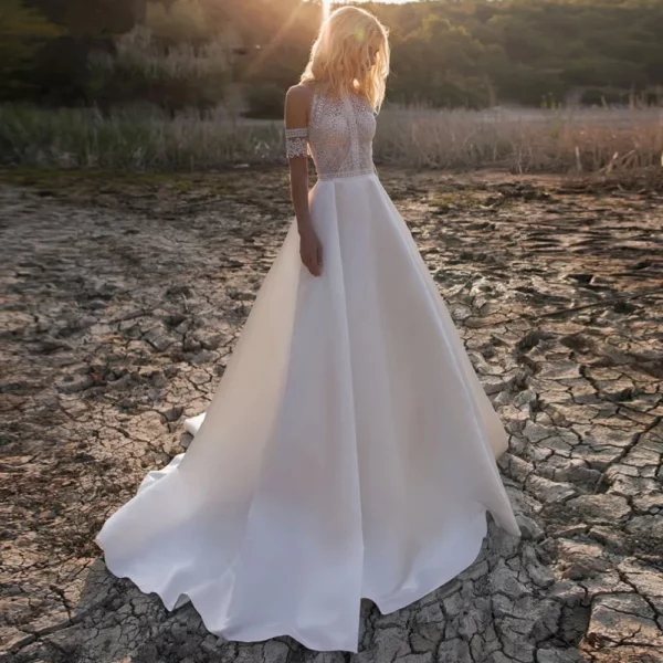 DREAM Customized Satin Bohemian Wedding Dress For Brides 2025 Off The Shoulder Lace Halter Bridal Gown With Detachable Sleeves – Bild 2
