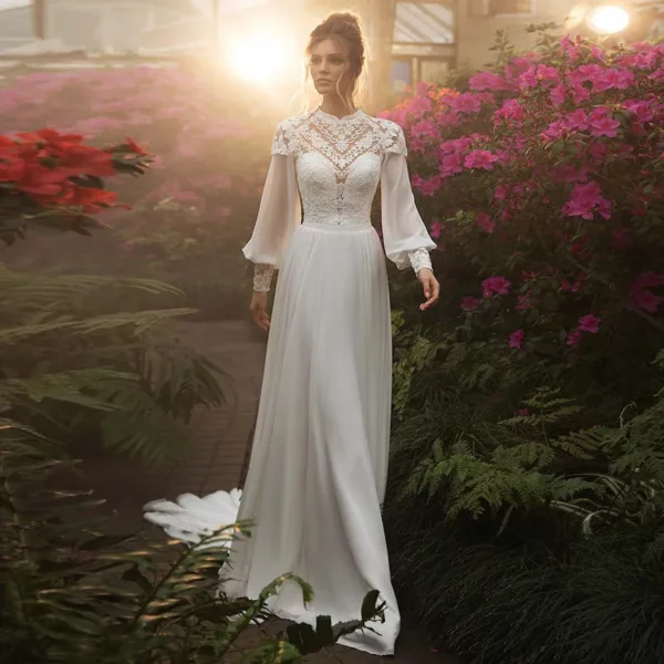 DREAM Customized Chiffon Long Puffy Sleeves Boho Wedding Dresses 2025 High Neck Lace Appliques Muslim Bridal Gown Vintage Dress – Bild 6