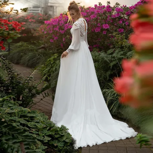 DREAM Customized Chiffon Long Puffy Sleeves Boho Wedding Dresses 2025 High Neck Lace Appliques Muslim Bridal Gown Vintage Dress – Bild 2