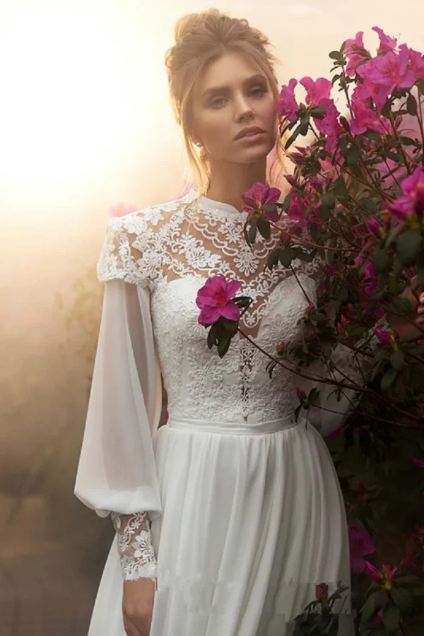 DREAM Customized Chiffon Long Puffy Sleeves Boho Wedding Dresses 2025 High Neck Lace Appliques Muslim Bridal Gown Vintage Dress – Bild 4