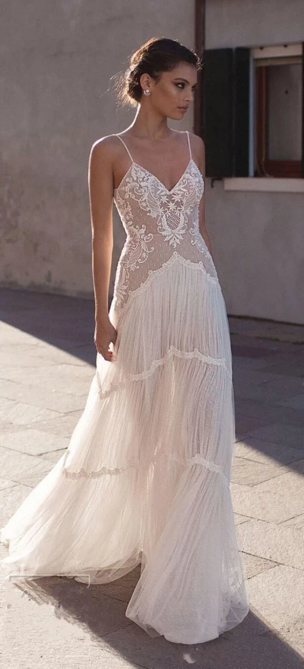 LORIE Bohemia Wedding Dresses Lace 2020 V-neck Spaghetti Straps Sleeveless Soft Tulle Beach Bridal Gown Vintage Marriage Gowns – Bild 6