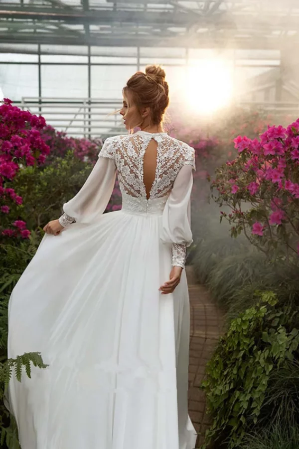 DREAM Customized Chiffon Long Puffy Sleeves Boho Wedding Dresses 2025 High Neck Lace Appliques Muslim Bridal Gown Vintage Dress – Bild 3