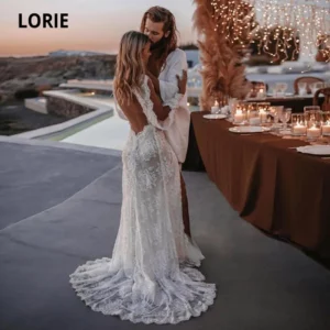 LORIE Bohemian Wedding Dresses Lace V-Neck Wedding Gown Boho Beach Bridal Dress Long Sleeve Open Back Customized  vestido novia