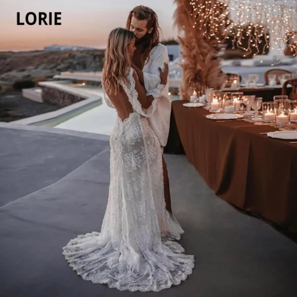 LORIE Bohemian Wedding Dresses Lace V-Neck Wedding Gown Boho Beach Bridal Dress Long Sleeve Open Back Customized  vestido novia