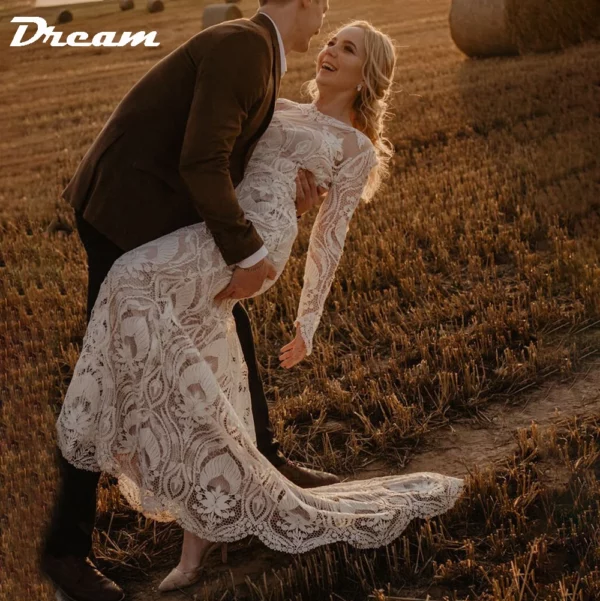 DREAM Customized Boho Long Sleeves Lace Mermaid Wedding Dress 2025 Open Back Vintage Rustic Beach Bride Gown Bohemian Dresses – Bild 2