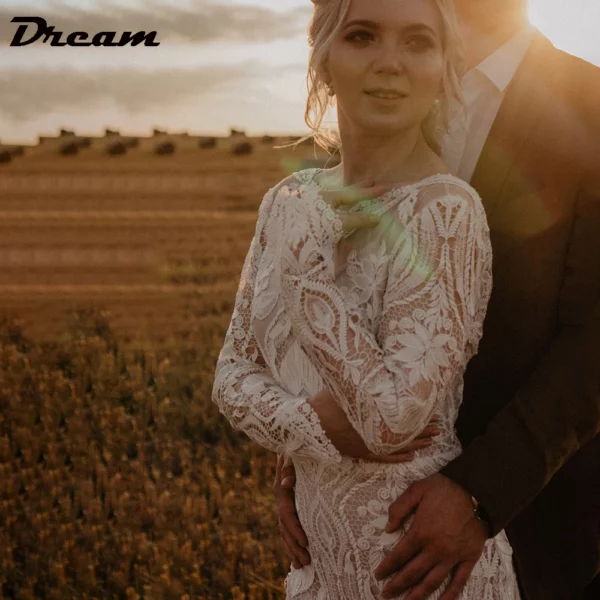 DREAM Customized Boho Long Sleeves Lace Mermaid Wedding Dress 2025 Open Back Vintage Rustic Beach Bride Gown Bohemian Dresses – Bild 6