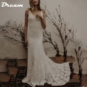DREAM Customized Elegant Long V Neck Sleeveless Boho Mermaid Wedding Dress 2025 Lace Open Back Sweep Train Bridal Gown