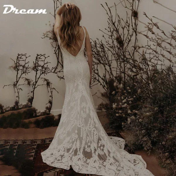 DREAM Customized Elegant Long V Neck Sleeveless Boho Mermaid Wedding Dress 2025 Lace Open Back Sweep Train Bridal Gown – Bild 2