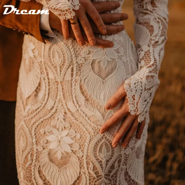 DREAM Customized Boho Long Sleeves Lace Mermaid Wedding Dress 2025 Open Back Vintage Rustic Beach Bride Gown Bohemian Dresses – Bild 5