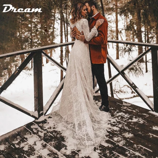 DREAM Customized Long Sleeves Floral Lace V Neck Boho Wedding Dress Deep V Neck Open Back Modest Rustic Civil Bridal Gown 2025 – Bild 6