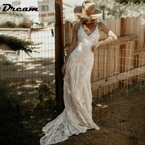 DREAM Customized Elegant Long V Neck Sleeveless Boho Mermaid Wedding Dress 2025 Lace Open Back Sweep Train Bridal Gown – Bild 3