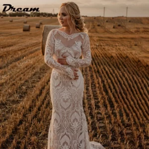 DREAM Customized Boho Long Sleeves Lace Mermaid Wedding Dress 2025 Open Back Vintage Rustic Beach Bride Gown Bohemian Dresses
