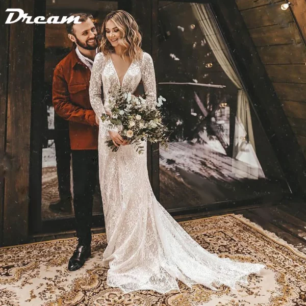 DREAM Customized Long Sleeves Floral Lace V Neck Boho Wedding Dress Deep V Neck Open Back Modest Rustic Civil Bridal Gown 2025 – Bild 2