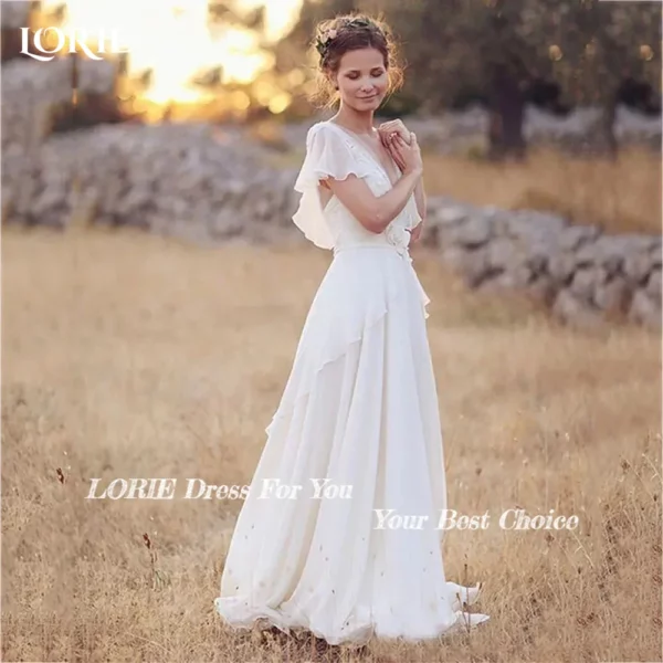 LORIE Boho Tulle Wedding Dress Lace top & Chiffon Boho Backless Bride dress Cap Sleeve A-Line Customized Beach Wedding Dresses – Bild 2