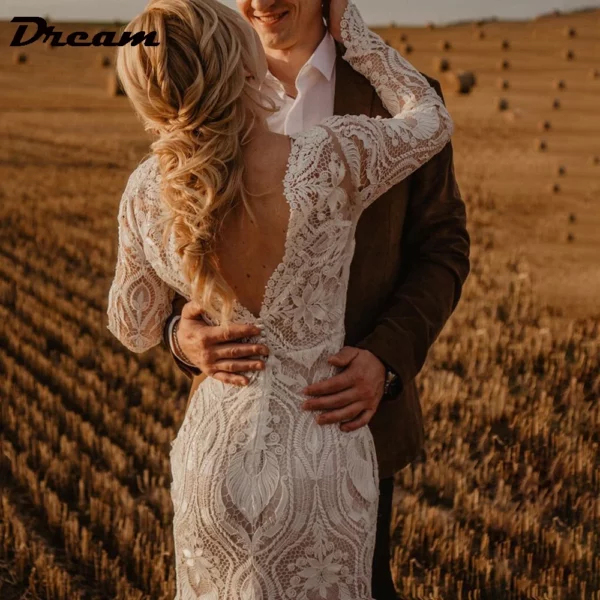 DREAM Customized Boho Long Sleeves Lace Mermaid Wedding Dress 2025 Open Back Vintage Rustic Beach Bride Gown Bohemian Dresses – Bild 3