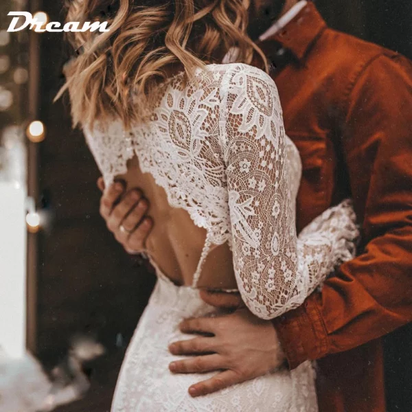 DREAM Customized Long Sleeves Floral Lace V Neck Boho Wedding Dress Deep V Neck Open Back Modest Rustic Civil Bridal Gown 2025 – Bild 5