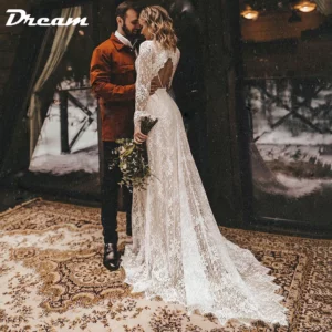 DREAM Customized Long Sleeves Floral Lace V Neck Boho Wedding Dress Deep V Neck Open Back Modest Rustic Civil Bridal Gown 2025