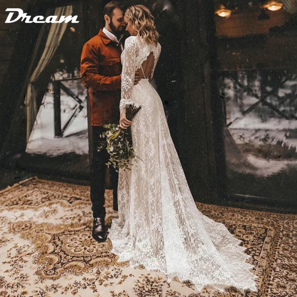 DREAM Customized Long Sleeves Floral Lace V Neck Boho Wedding Dress Deep V Neck Open Back Modest Rustic Civil Bridal Gown 2025