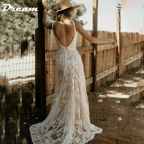 DREAM Customized Elegant Long V Neck Sleeveless Boho Mermaid Wedding Dress 2025 Lace Open Back Sweep Train Bridal Gown – Bild 4