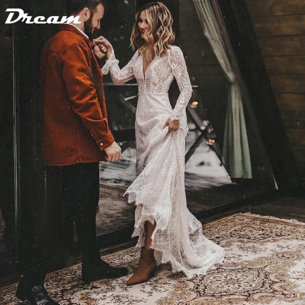 DREAM Customized Long Sleeves Floral Lace V Neck Boho Wedding Dress Deep V Neck Open Back Modest Rustic Civil Bridal Gown 2025 – Bild 3