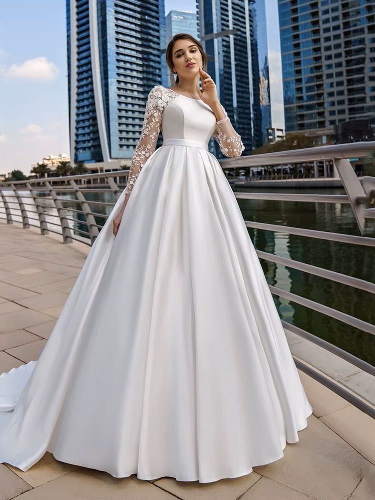 SoDigne Dubai Modest Wedding Dresses Lace Long Sleeve Satin Bride Dress With Belt Women Elegant Wedding Party Gowns Customized 1 SoDigne Dubai Modest Wedding Dresses Lace Long Sleeve Satin Bride Dress With Belt Women Elegant Wedding Party Gowns Customized