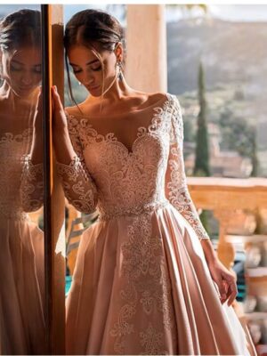 SoDigne Satin Wedding Dress Lace Appliques V-Neck A-Line Long Sleeves Princess Bridal Dress Elegant Wedding Gowns Customized 5 H7979fae89315467abbaadff8de1f9158g Cropped