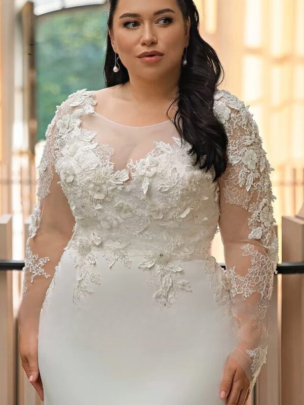 Customized Wedding Dresses Plus Size O Neck Illusion Long Sleeves Bride Gowns Appliques Floor Length Mermaid Vestido De Noiva – Bild 3