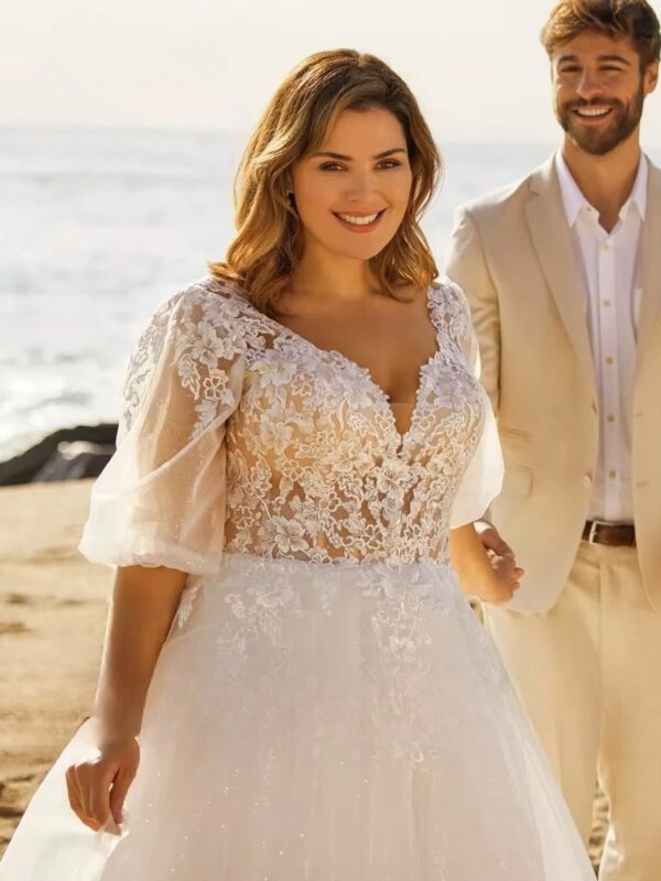 Beach Wedding Dresses Plus Size V Neck Puff Illusion Sleeves Bride Gowns Appliques Floor Length A-Line Tulle Vestido PSL980026 – Bild 3