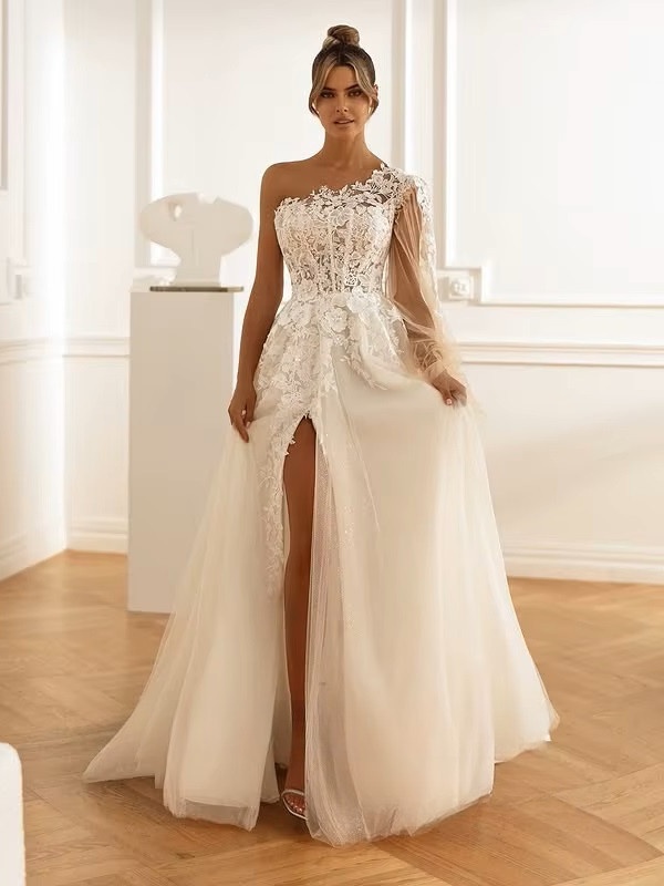 SoDigne A-line Tulle Appliques Wedding Dresses One Shloudler Split Bridal Dress Long Wedding Gown Robe De Mairee Customized  1 SoDigne A-line Tulle Appliques Wedding Dresses One Shloudler Split Bridal Dress Long Wedding Gown Robe De Mairee Customized 