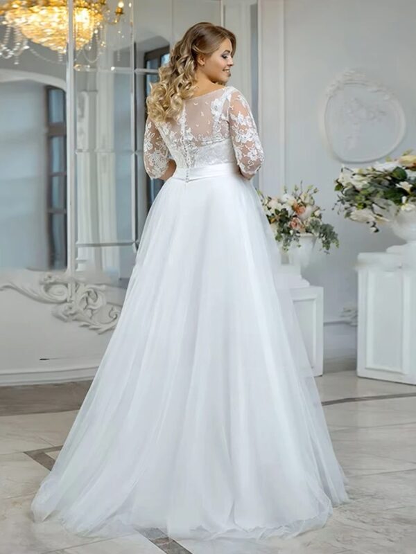 Vintage O-Neck Wedding Dresses Plus Size 3/4 Sleeves Bride Gowns Back Button Appliques A-Line Floor Length Tulle Robe De Mariée – Bild 3