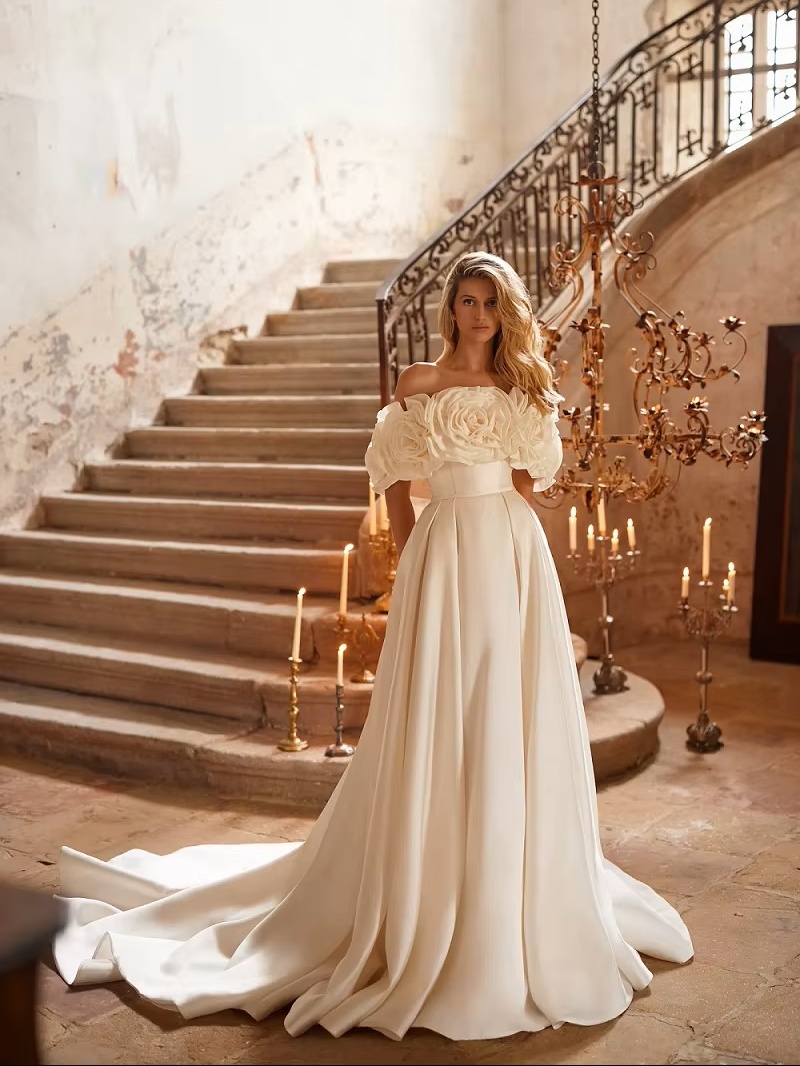 SoDigne Off Shoulder 3D Flower Wedding Dresses A-line Sleeveless Simple Satin Bridal Dress 2025 Long Wedding Gown Robe De Mairee 1 SoDigne Off Shoulder 3D Flower Wedding Dresses A-line Sleeveless Simple Satin Bridal Dress 2025 Long Wedding Gown Robe De Mairee